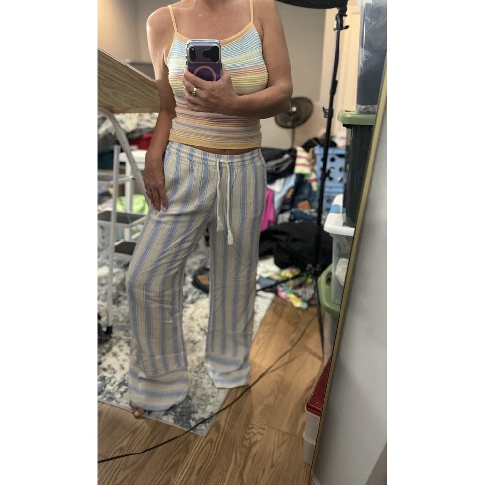 H&M DIVIDED Coastal Blue White Striped Linen Blend Wide Leg Pants Women's Small